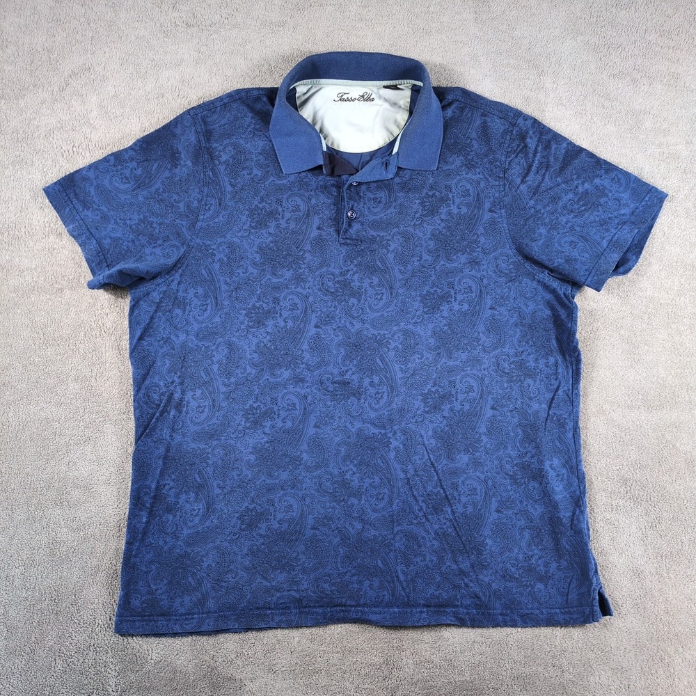 Tasso Elba Polo Shirt Men XL Navy Blue Paisley Print Cotton Summer Tennis Golf